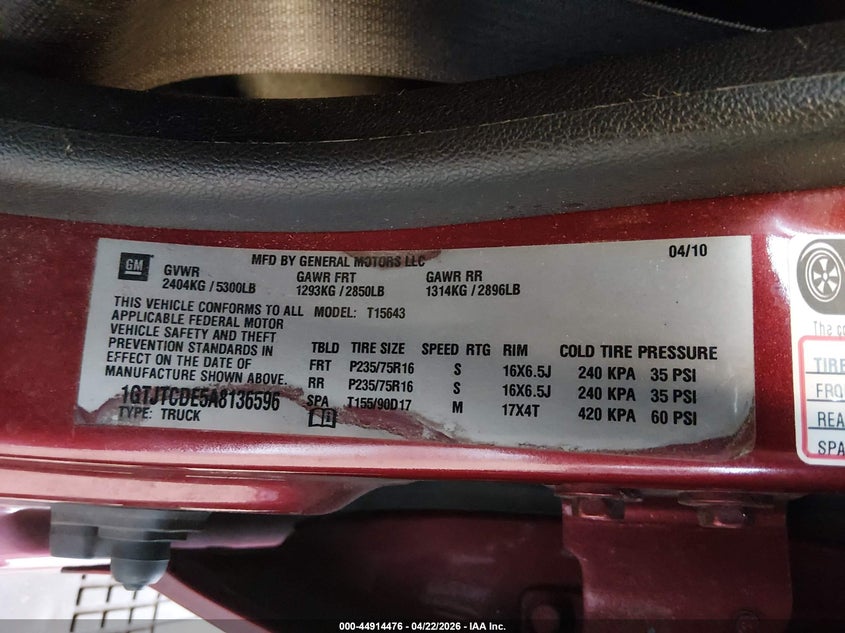 2010 GMC Canyon Sle1 VIN: 1GTJTCDE5A8136596 Lot: 44914476