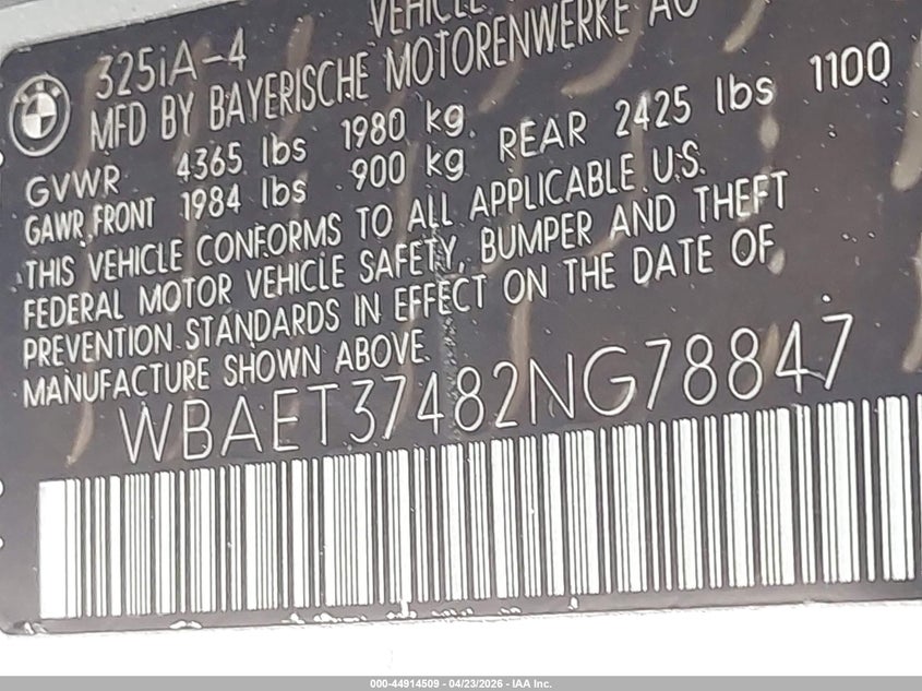 2002 BMW 325I VIN: WBAET37482NG78847 Lot: 44914509