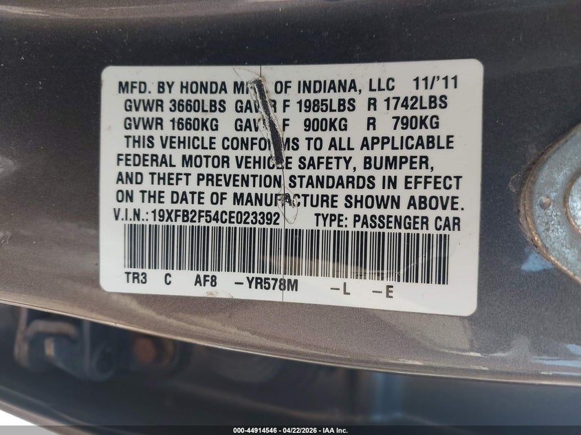 2012 Honda Civic 1.8 Lx Grey Lot 111044914546 Vin 19XFB2F54CE023392