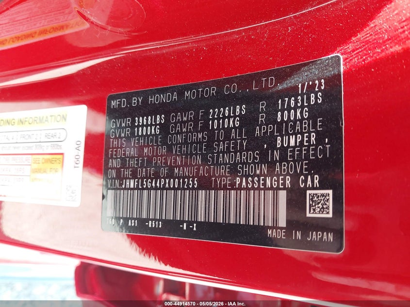 2023 Honda Civic Type R Touring VIN: JHMFL5G44PX001255 Lot: 44914570
