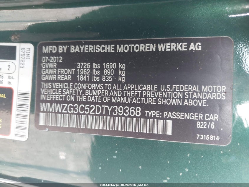 2013 Mini Clubman Cooper S VIN: WMWZG3C52DTY39368 Lot: 44914714
