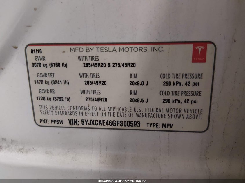 2016 Tesla Model X VIN: 5YJXCAE46GFS00593 Lot: 44915534