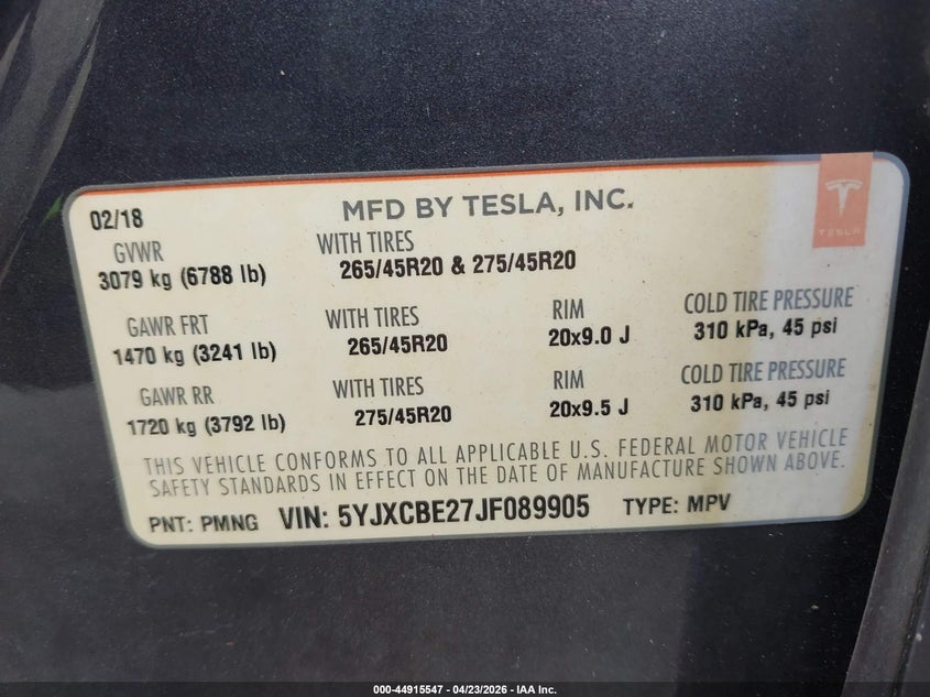 2018 Tesla Model X 100D/75D/P100D VIN: 5YJXCBE27JF089905 Lot: 44915547