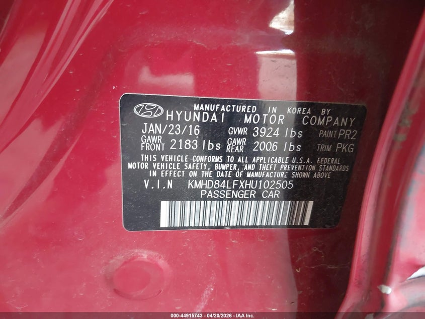 VIN KMHD84LFXHU102505 2017 HYUNDAI ELANTRA SE
