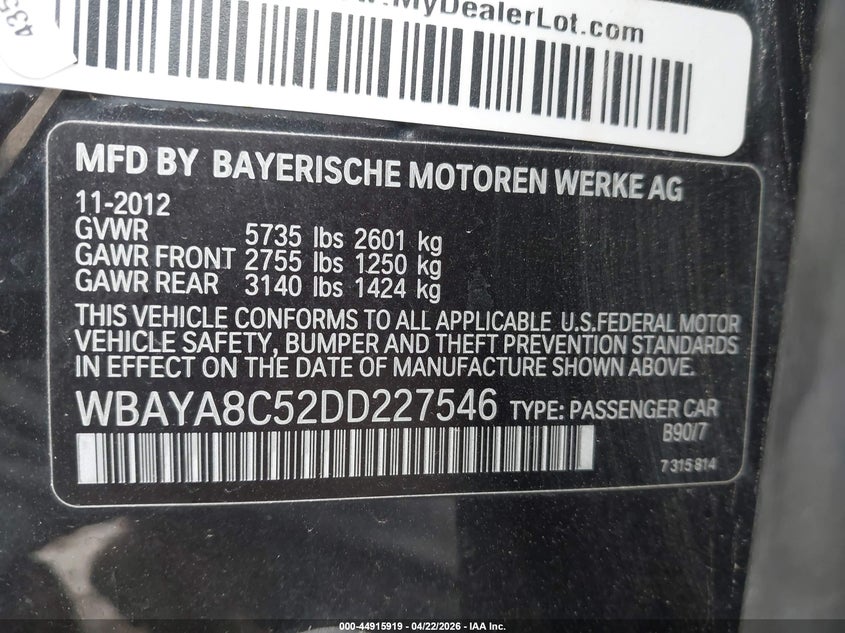 2013 BMW 750I VIN: WBAYA8C52DD227546 Lot: 44915919