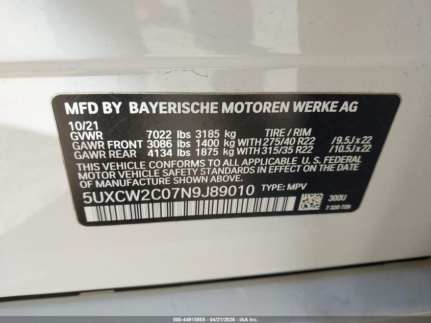 2022 BMW X7 xDrive40I VIN: 5UXCW2C07N9J89010 Lot: 44915955