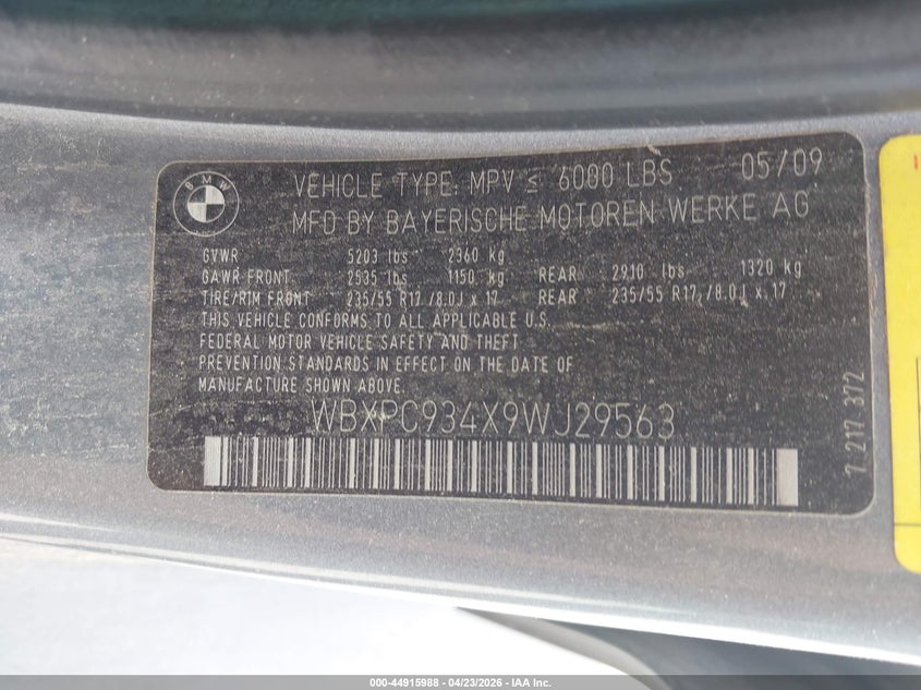 2009 BMW X3 xDrive30I VIN: WBXPC934X9WJ29563 Lot: 44915988