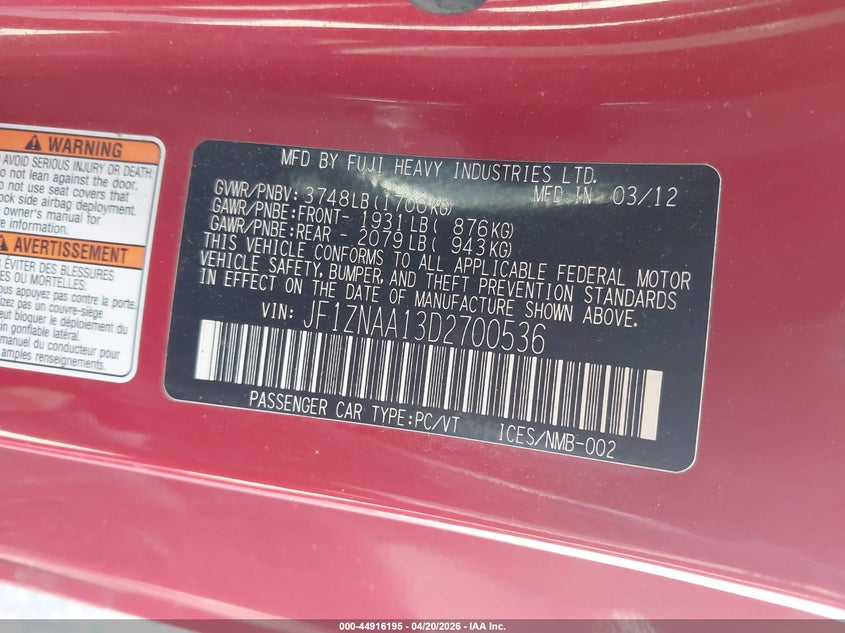 2013 Scion Fr-S VIN: JF1ZNAA13D2700536 Lot: 44916195