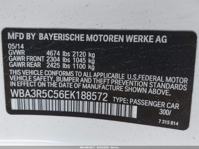 BMW 435I 2014 VIN WBA3R5C56EK188572