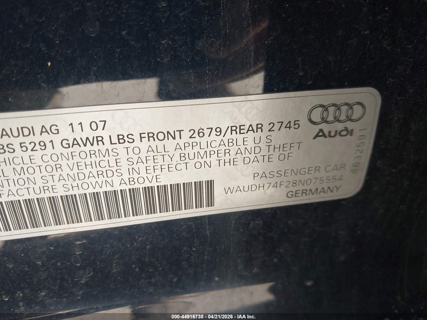 2008 Audi A6 3.2 VIN: WAUDH74F28N075554 Lot: 44916738