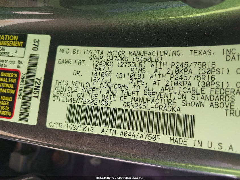 TOYOTA TACOMA 2011 VIN 5TFLU4EN7BX021967