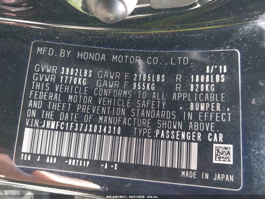 VIN JHMFC1F37JX034310 2018 HONDA CIVIC EX-T