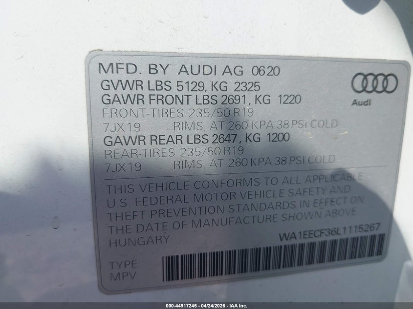 2020 Audi Q3 Premium Plus 45 Tfsi S Line Quattro Tiptronic VIN: WA1EECF36L1115267 Lot: 44917246