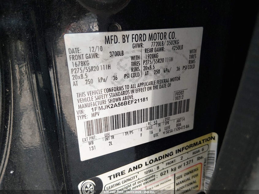 1FMJK2A56BEF21181 2011 Ford Expedition 5.4 El Limited black