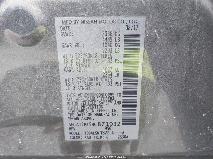 VIN 5N1AT2MT5HC871932 2017 NISSAN ROGUE SL