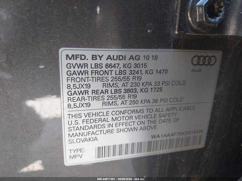 AUDI Q7 2019 VIN WA1AAAF75KD012436