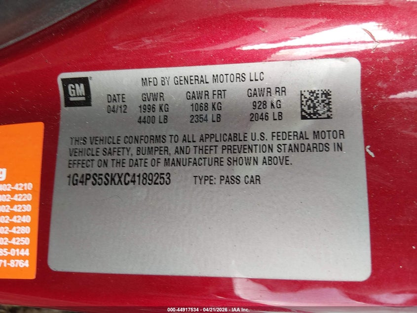 2012 Buick Verano 2.4 Leather Group red Lot 111044917534 Vin 1G4PS5SKXC4189253