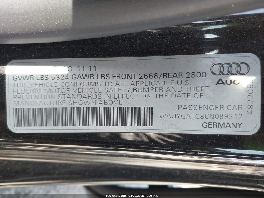 2012 Audi A7 Premium VIN: WAUYGAFC8CN089312 Lot: 44917709