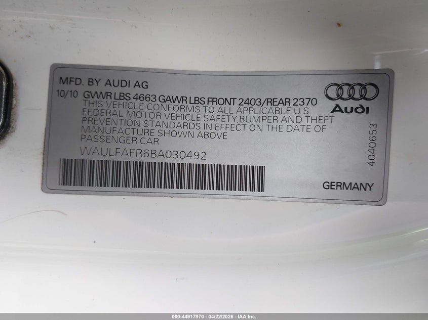2011 Audi A5 2.0T Premium VIN: WAULFAFR6BA030492 Lot: 44917970