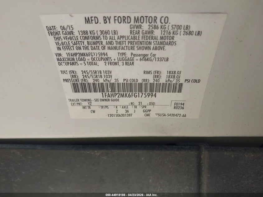 2015 Ford Police Interceptor VIN: 1FAHP2MK6FG175994 Lot: 44918186