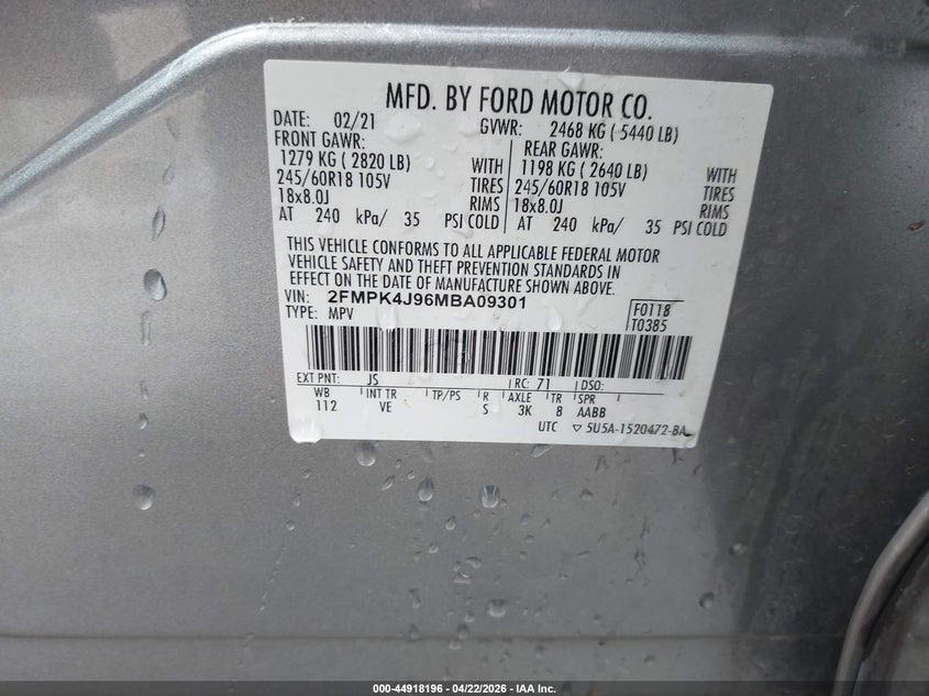VIN 2FMPK4J96MBA09301 2021 FORD EDGE SEL