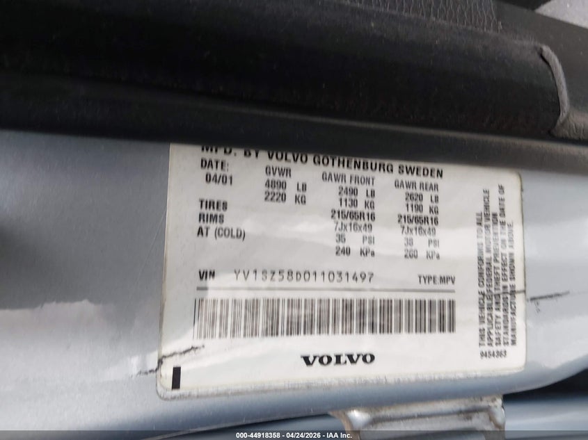 2001 Volvo V70 Xc VIN: YV1SZ58D011031497 Lot: 44918358