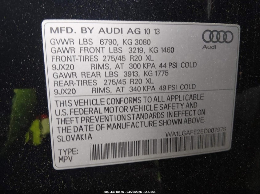 2014 Audi Q7 3.0T Premium VIN: WA1LGAFE2ED007978 Lot: 44918576