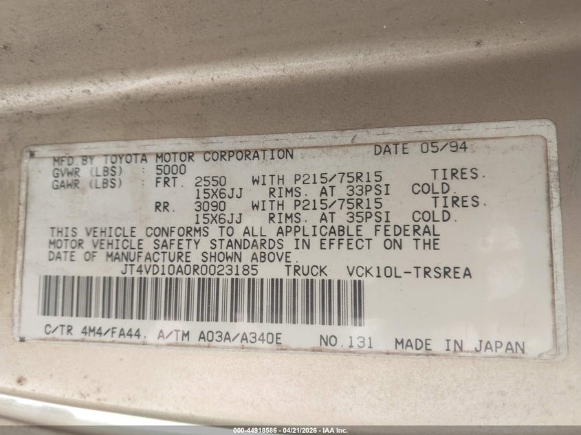 1994 Toyota T100 Dx VIN: JT4VD10A0R0023185 Lot: 44918586