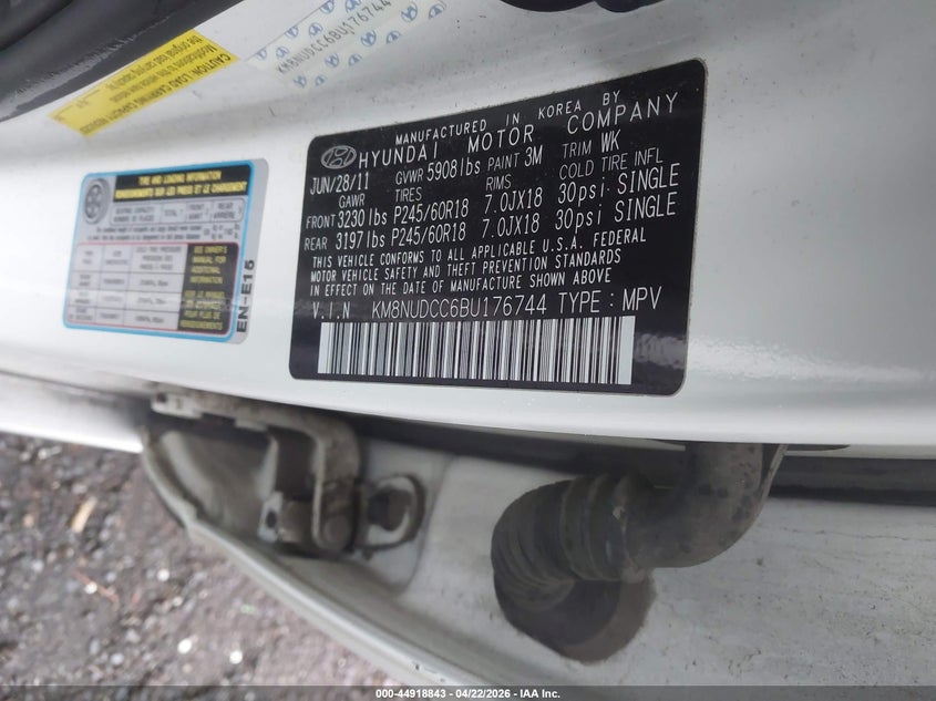 2011 Hyundai Veracruz Limited VIN: KM8NUDCC6BU176744 Lot: 44918843