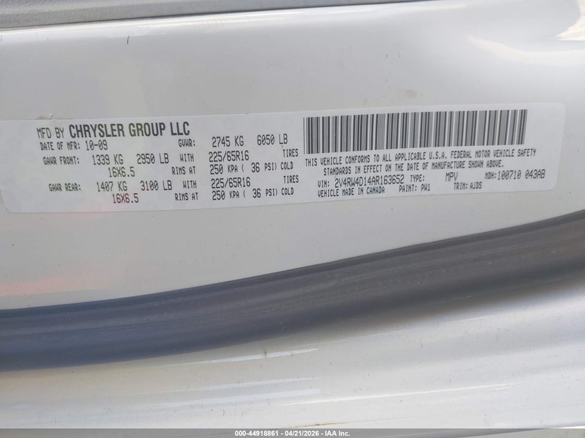 2010 Volkswagen Routan S VIN: 2V4RW4D14AR163652 Lot: 44918861