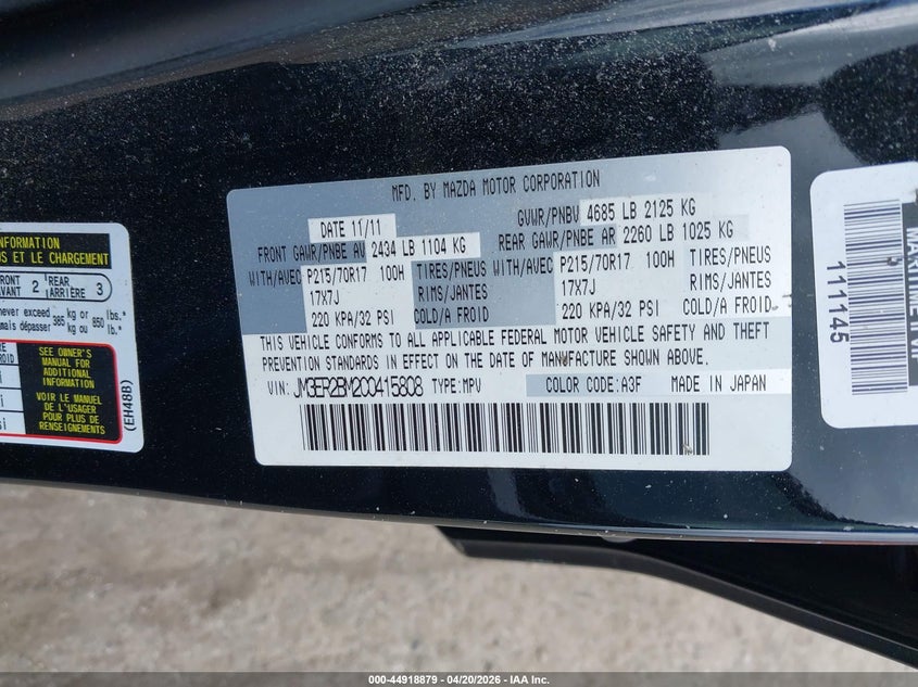 2012 Mazda Cx-7 I Sport VIN: JM3ER2BM2C0415808 Lot: 44918879