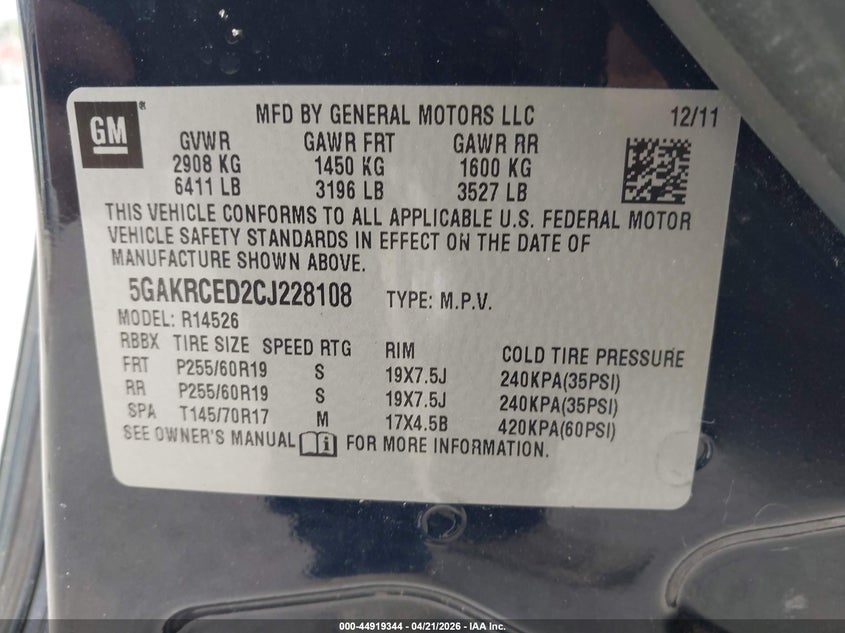 5GAKRCED2CJ228108 2012 Buick Enclave 3.6 Leather blue