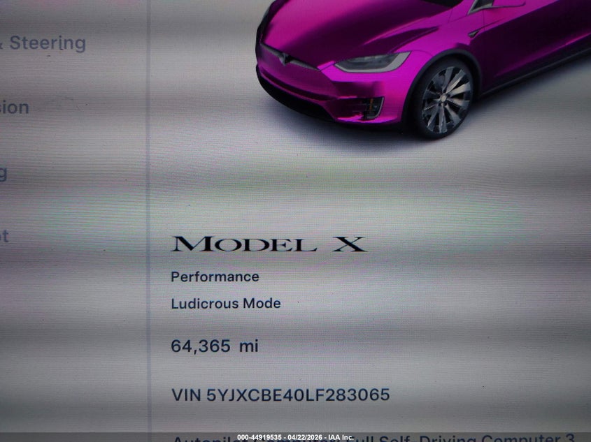 2020 Tesla Model X Performance Dual Motor All-Wheel Drive VIN: 5YJXCBE40LF283065 Lot: 44919535