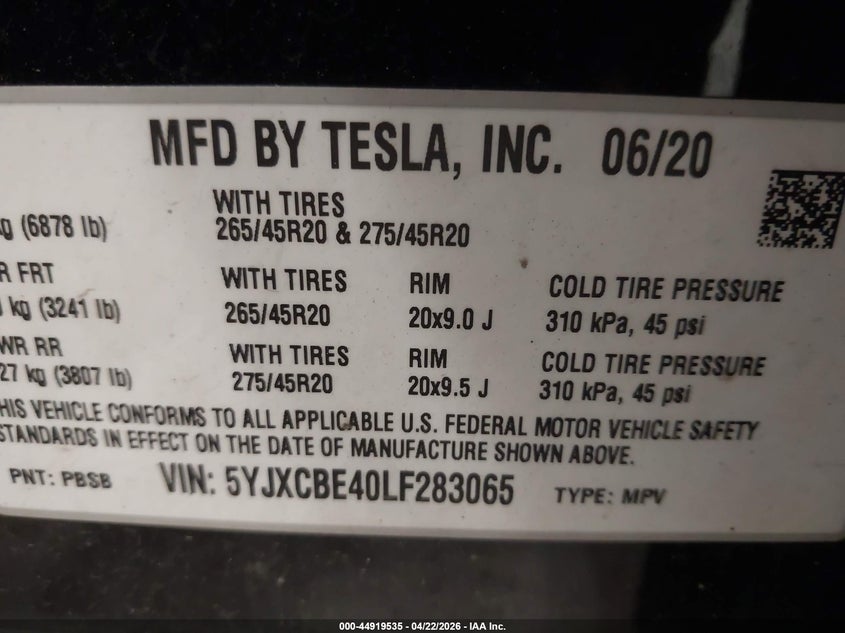 2020 Tesla Model X Performance Dual Motor All-Wheel Drive VIN: 5YJXCBE40LF283065 Lot: 44919535