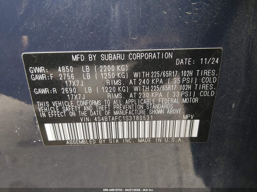 2025 SUBARU OUTBACK 2.5L H-4 DI, DOHC, V(VIN: 4S4BTAFC1S3180531