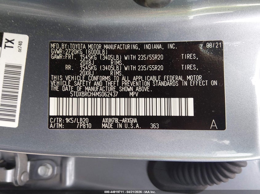 2021 TOYOTA HIGHLANDER 2.5L I-4 DI, DOHC, V(VIN: 5TDXBRCH4MS062437