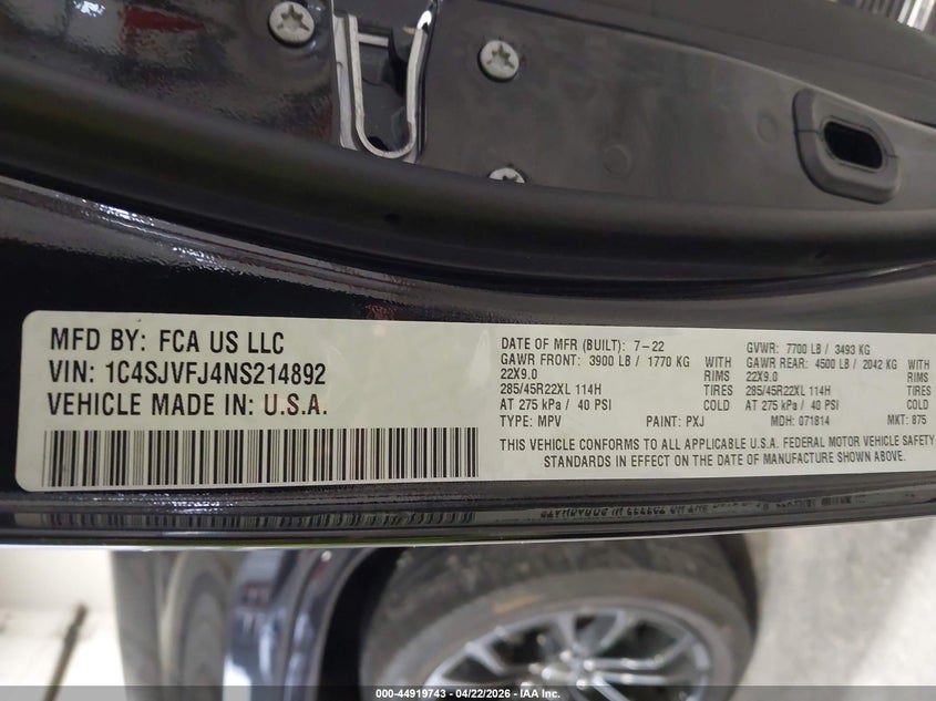 2022 JEEP GRAND WAGONEER 6.4L V-8 , 471HP(VIN: 1C4SJVFJ4NS214892