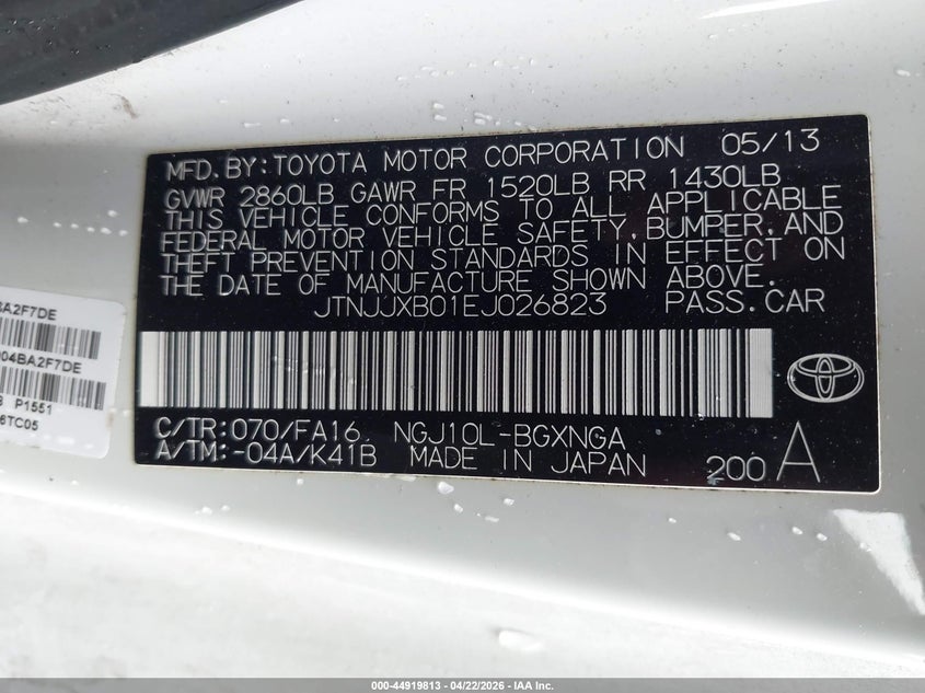 2014 Scion Iq VIN: JTNJJXB01EJ026823 Lot: 44919813