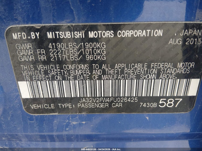 2015 Mitsubishi Lancer Se VIN: JA32V2FW4FU026425 Lot: 44920158