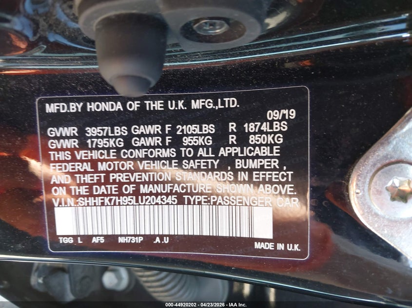 VIN SHHFK7H95LU204345 2020 HONDA CIVIC SPORT TOURING