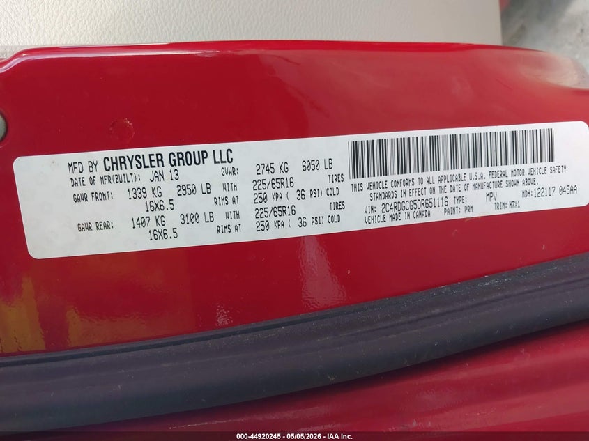 DODGE GRAND CARAVAN 2013 VIN 2C4RDGCG5DR651116