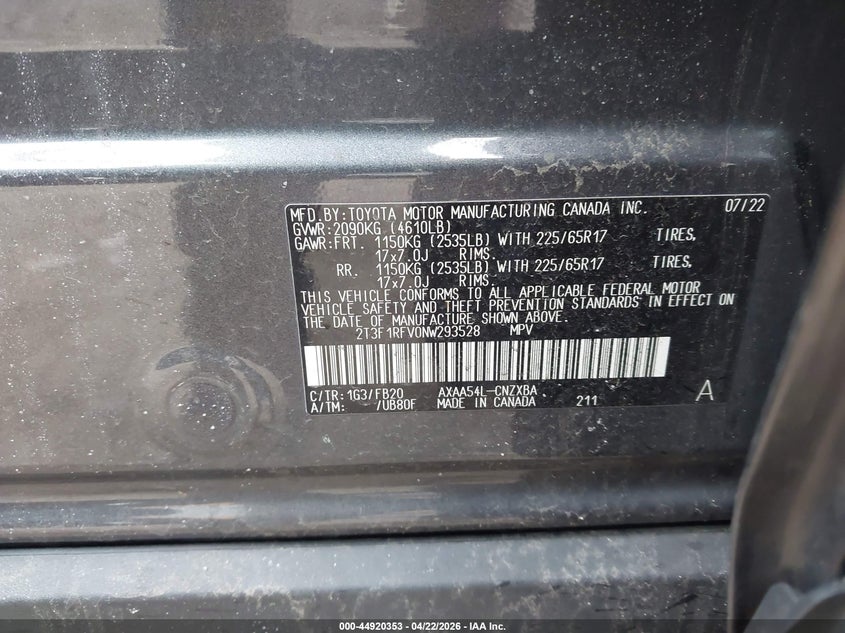 VIN 2T3F1RFV0NW293528 2022 TOYOTA RAV4 LE