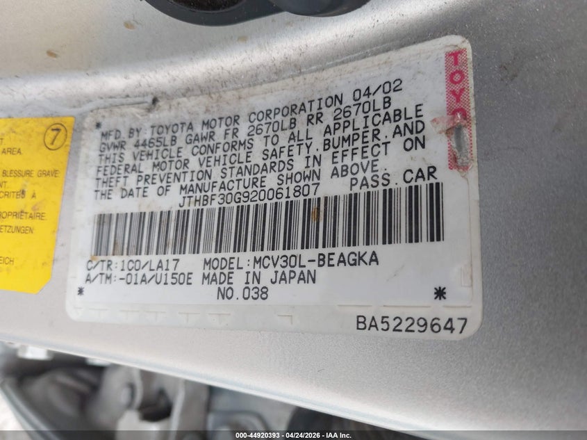 2002 LEXUS ES SEDAN 3.0L V-6 DOHC, VVT, 210HP