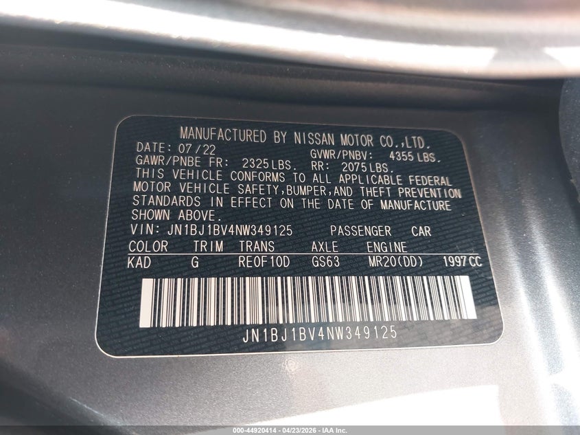 2022 Nissan Rogue Sport Sv Fwd Xtronic Cvt VIN: JN1BJ1BV4NW349125 Lot: 44920414