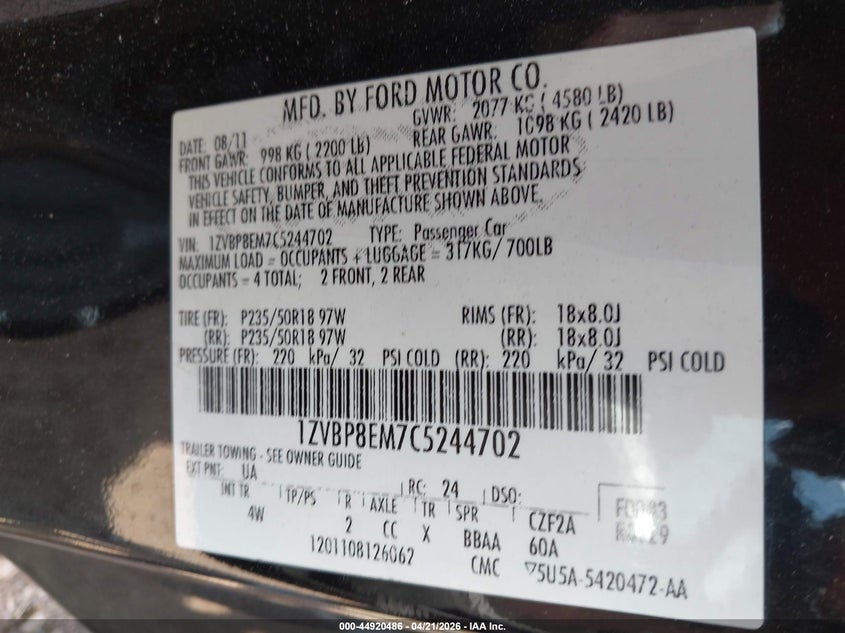 2012 FORD MUSTANG CABRIO 3.7L V-6 DOHC, VVT, 305HP
