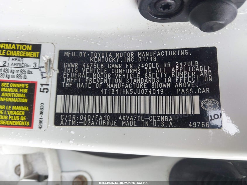 VIN 4T1B11HK5JU074019 2018 TOYOTA CAMRY LE