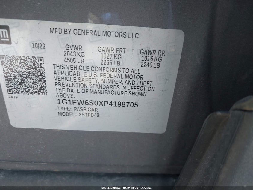 2023 Chevrolet Bolt Ev Fwd 1Lt VIN: 1G1FW6S0XP4198705 Lot: 44920853