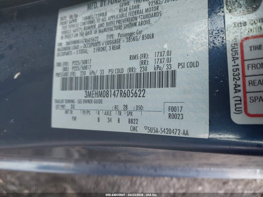 2007 Mercury Milan V6 Premier VIN: 3MEHM08147R605622 Lot: 44920941