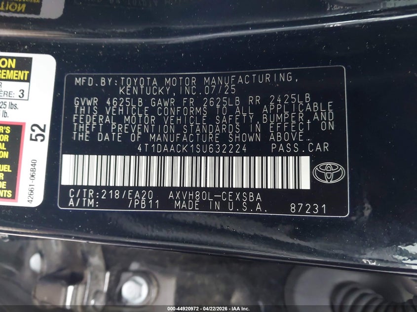 VIN 4T1DAACK1SU632224 2025 TOYOTA CAMRY SE