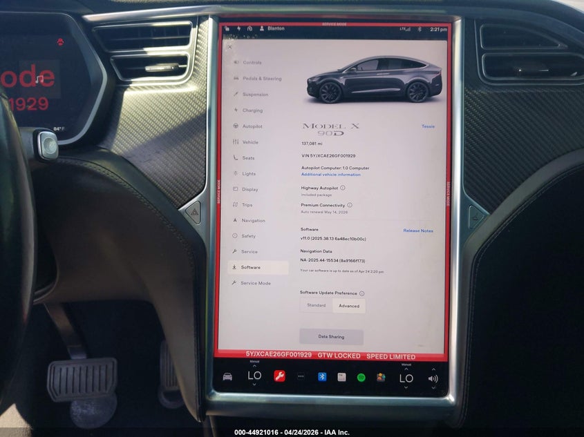 2016 Tesla Model X 60D/70D/75D/90D VIN: 5YJXCAE26GF001929 Lot: 44921016